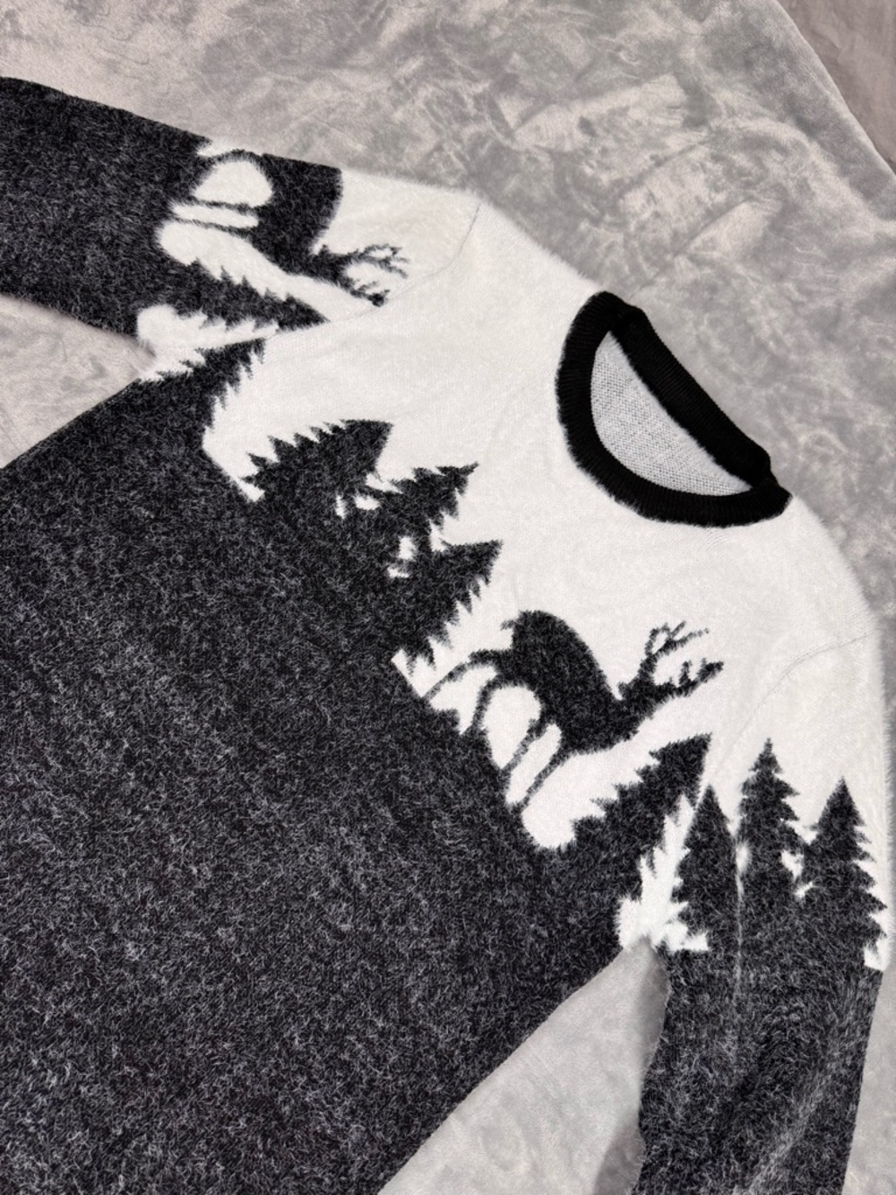 Women’s Black and White Crewneck Sweater with Deer Design - Picture 2 of 7